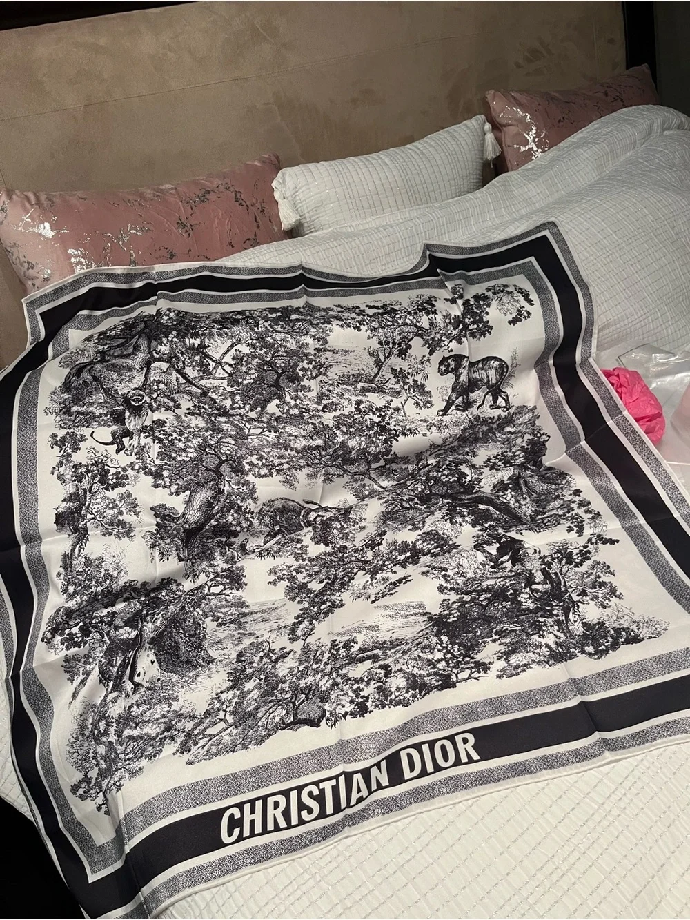 Dior Black and White Toile Bedding Scarf with 'Christian Dior' Border